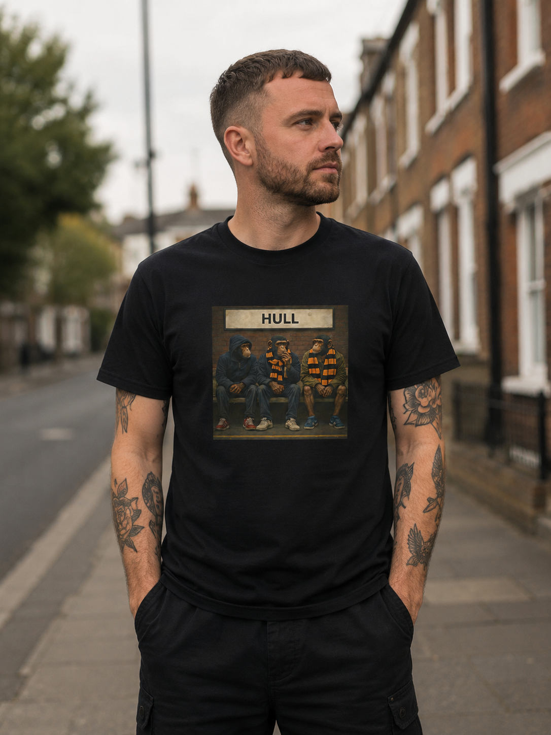 A man wearing a black crew-neck t-shirt with a graphic print of the band Hull on a street background.