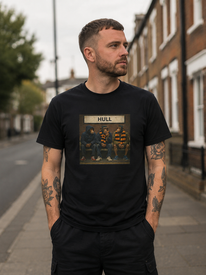 A man wearing a black crew-neck t-shirt with a graphic print of the band Hull on a street background.