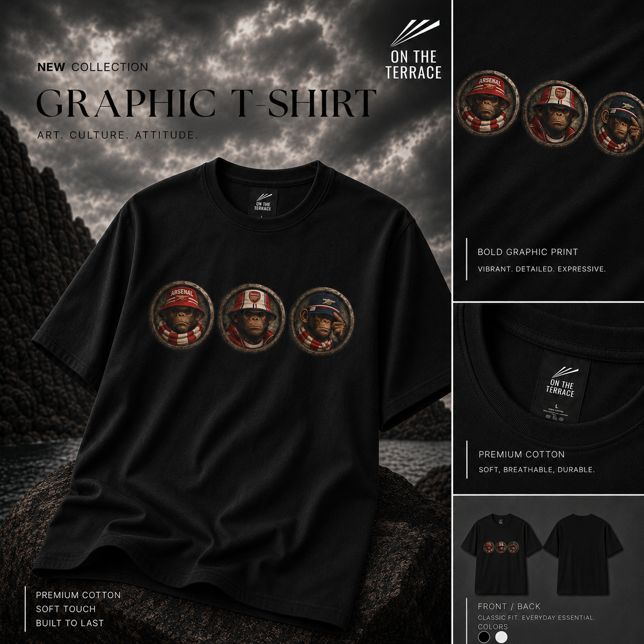 On The Terrace Northern Monkeys black graphic t-shirt featuring retro Arsenal images