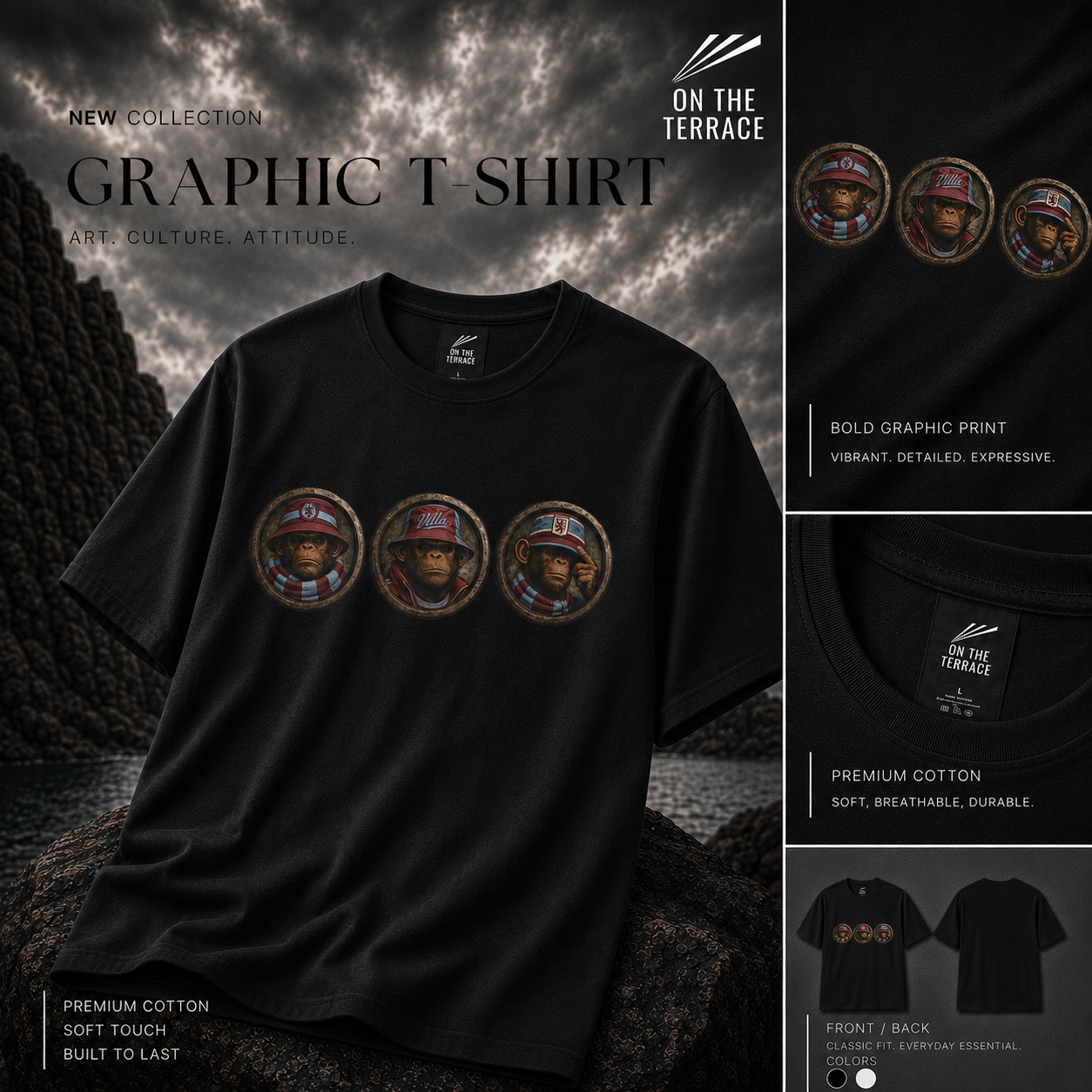 On The Terrace Northern Monkeys black graphic t-shirt featuring retro Aston Villa claret and blue inspired terrace casuals artwork.