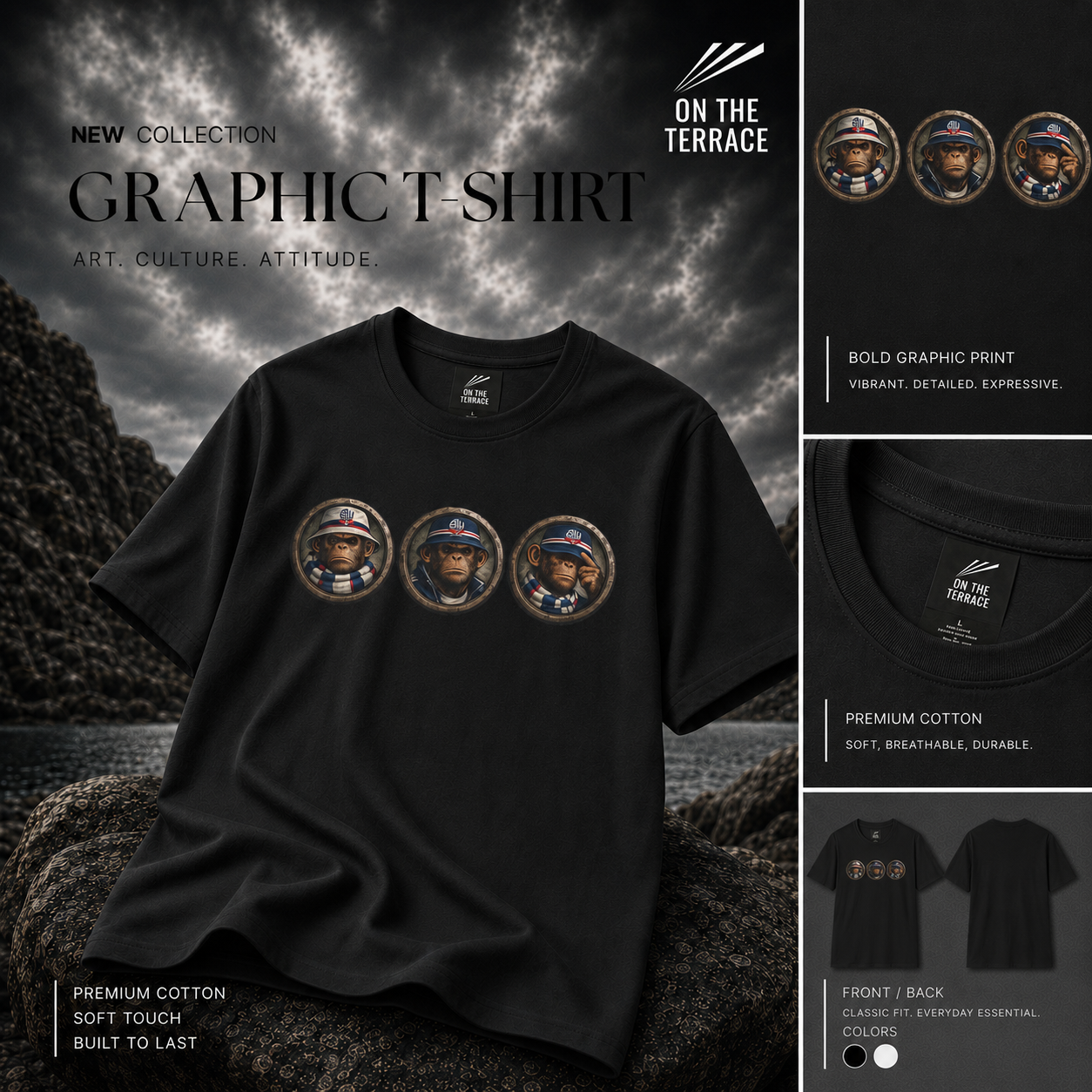 On The Terrace Northern Monkeys black graphic t-shirt featuring retro Bolton Wanderers inspired terrace casuals artwork.
