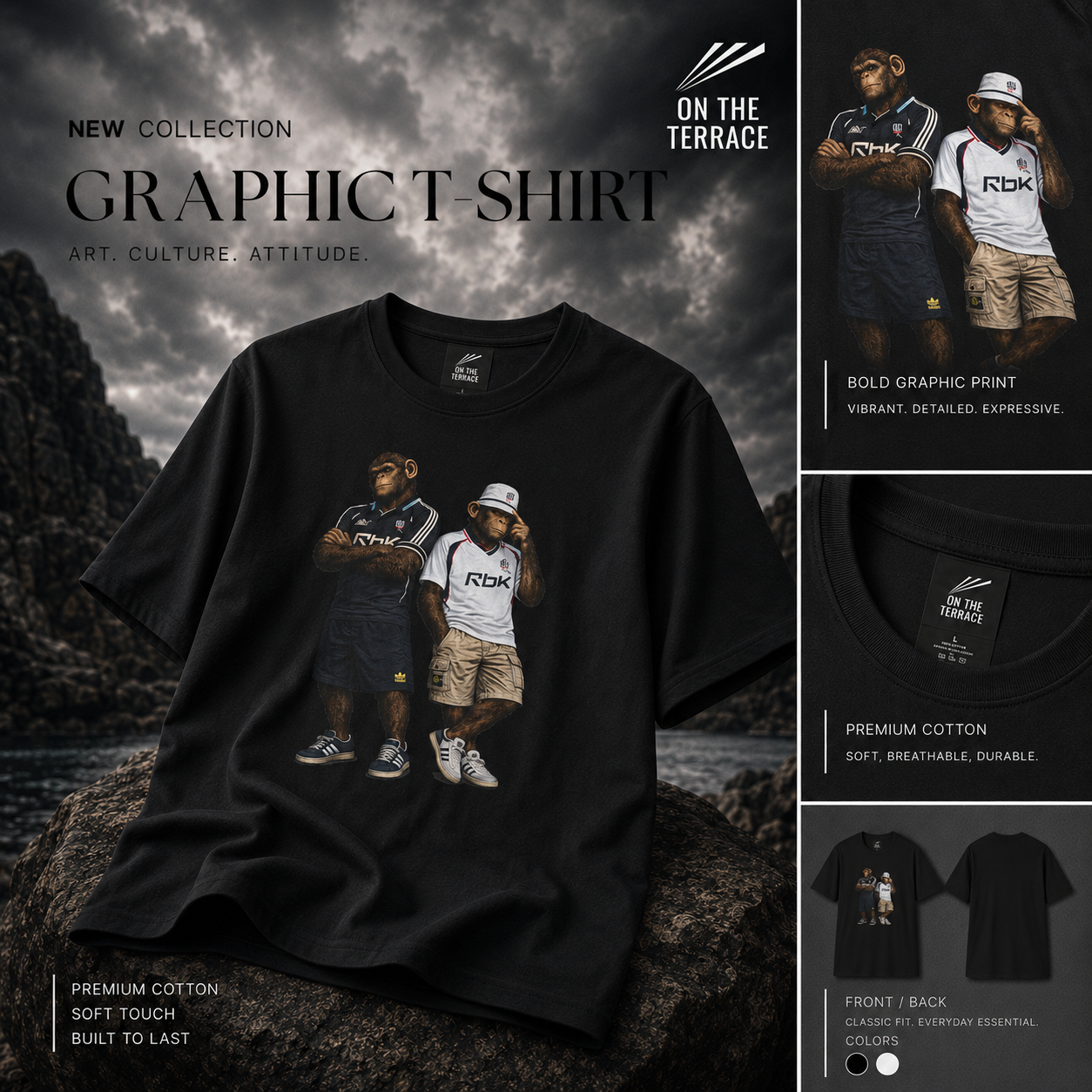 On The Terrace Northern Monkeys black graphic t-shirt featuring retro Bolton Wanderers inspired white and navy terrace casuals artwork.