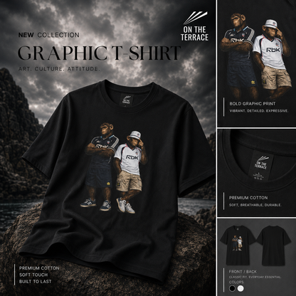 On The Terrace Northern Monkeys black graphic t-shirt featuring retro Bolton Wanderers inspired white and navy terrace casuals artwork.