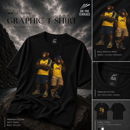 On The Terrace Northern Monkeys black graphic t-shirt featuring retro Arsenal yellow and navy inspired terrace casuals artwork.