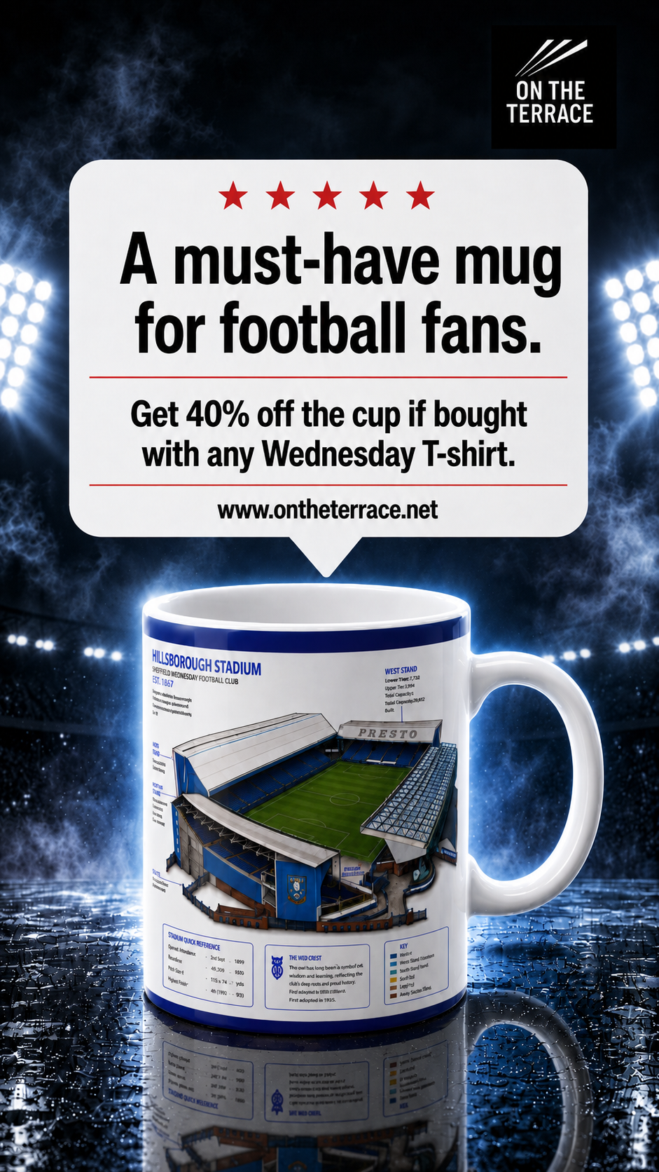 A white ceramic mug with a blue rim featuring a detailed graphic print from the file Front.jpg, showing a 3D isometric architectural guide of Sheffield Wednesday's Hillsborough Stadium with detailed labels, a color-coded key, and stand information.