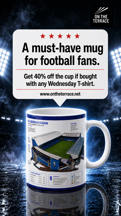 A white ceramic mug with a blue rim featuring a detailed graphic print from the file Front.jpg, showing a 3D isometric architectural guide of Sheffield Wednesday's Hillsborough Stadium with detailed labels, a color-coded key, and stand information.