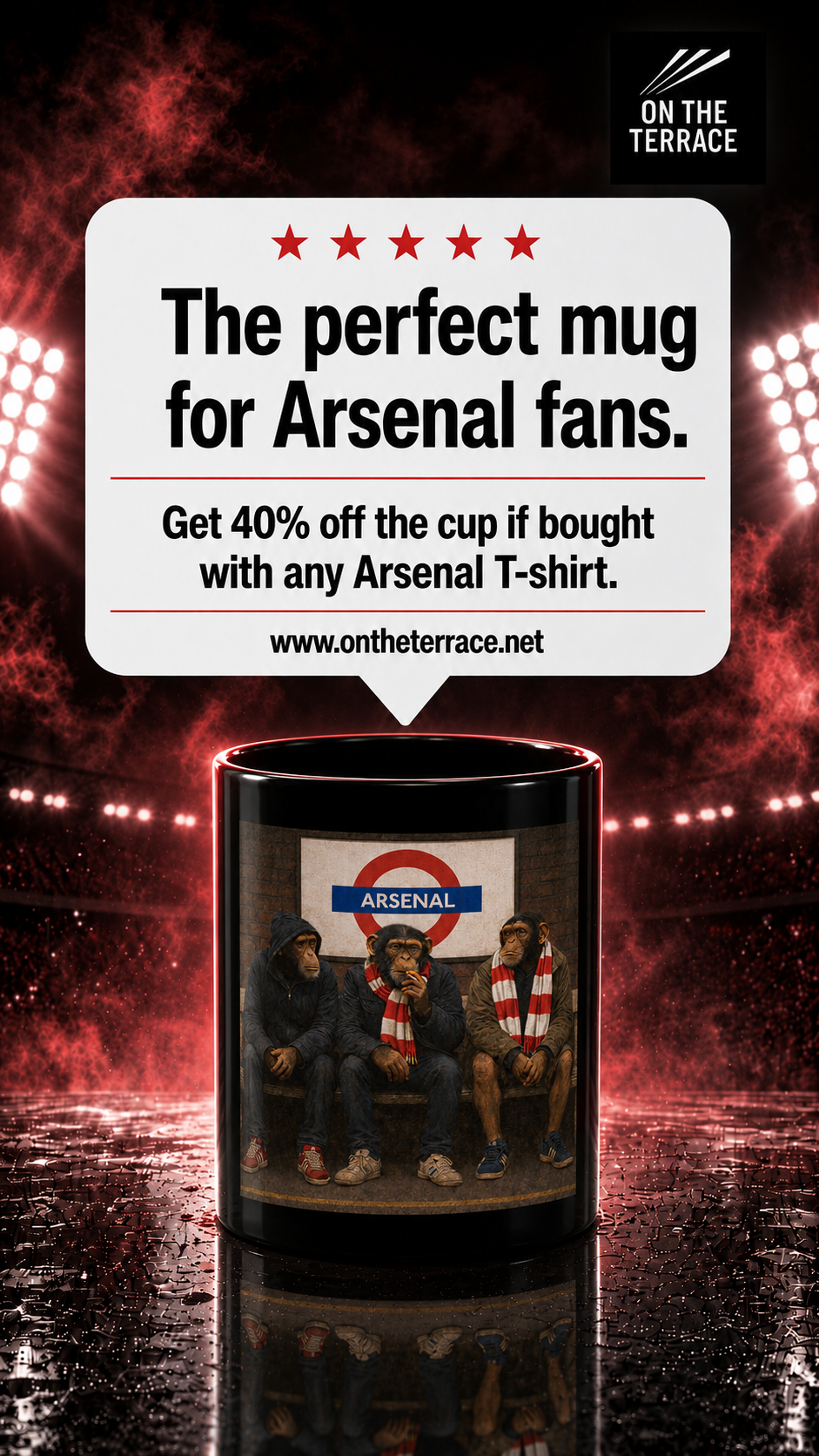 Promotional Arsenal casuals black mug, three chimps in red and white scarves on a tube bench, On The Terrace