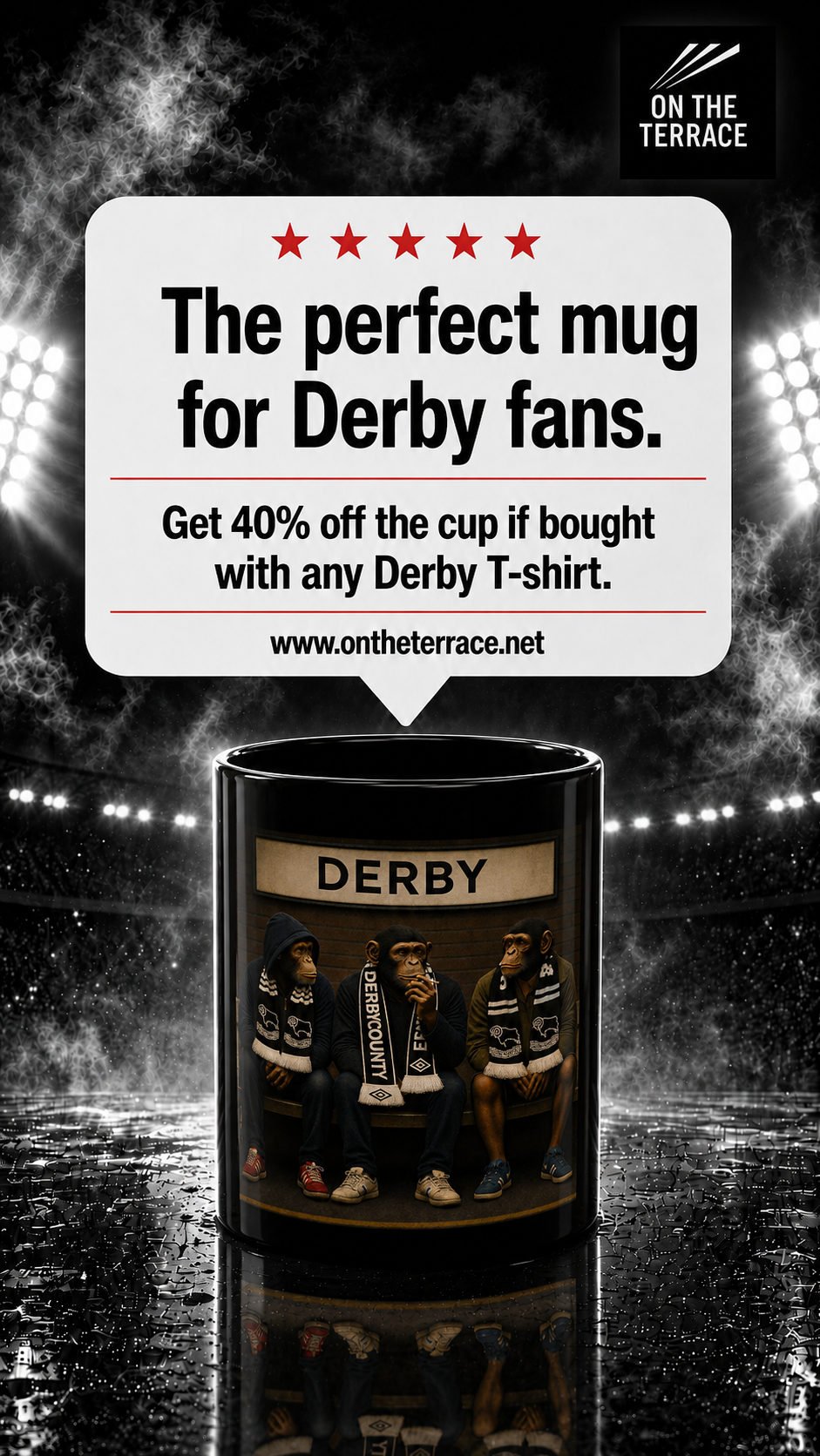 Black mug with 'DERBY' text and images of people, promotional banner for Derby fans on a sports arena background.
