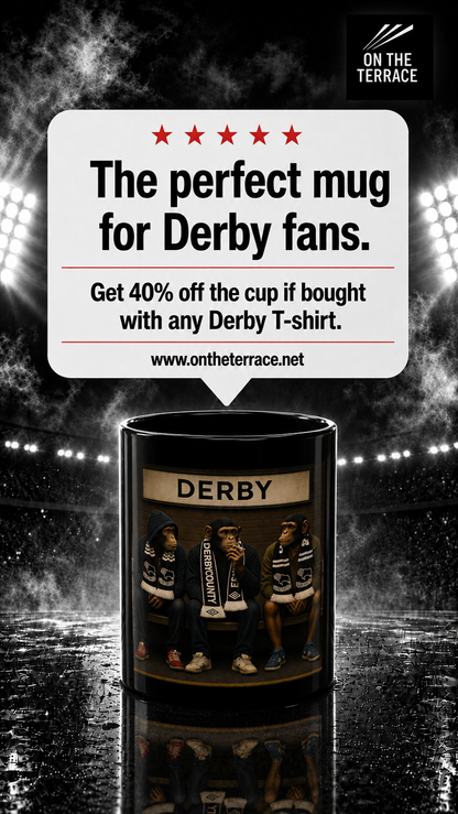 Black mug with 'DERBY' text and images of people, promotional banner for Derby fans on a sports arena background.