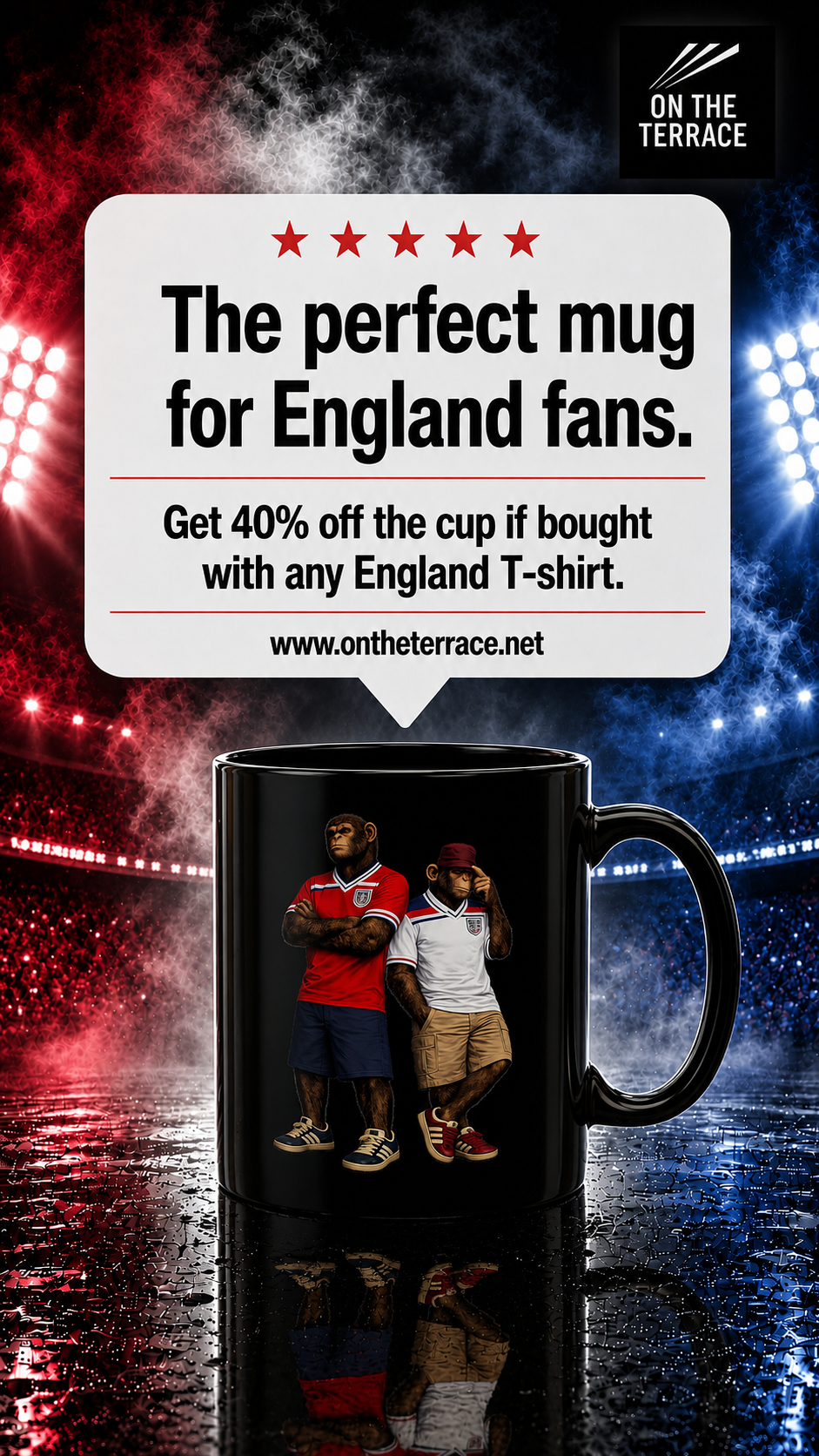 Black mug with two people on a dark background with stadium lights, promoting a discount offer.