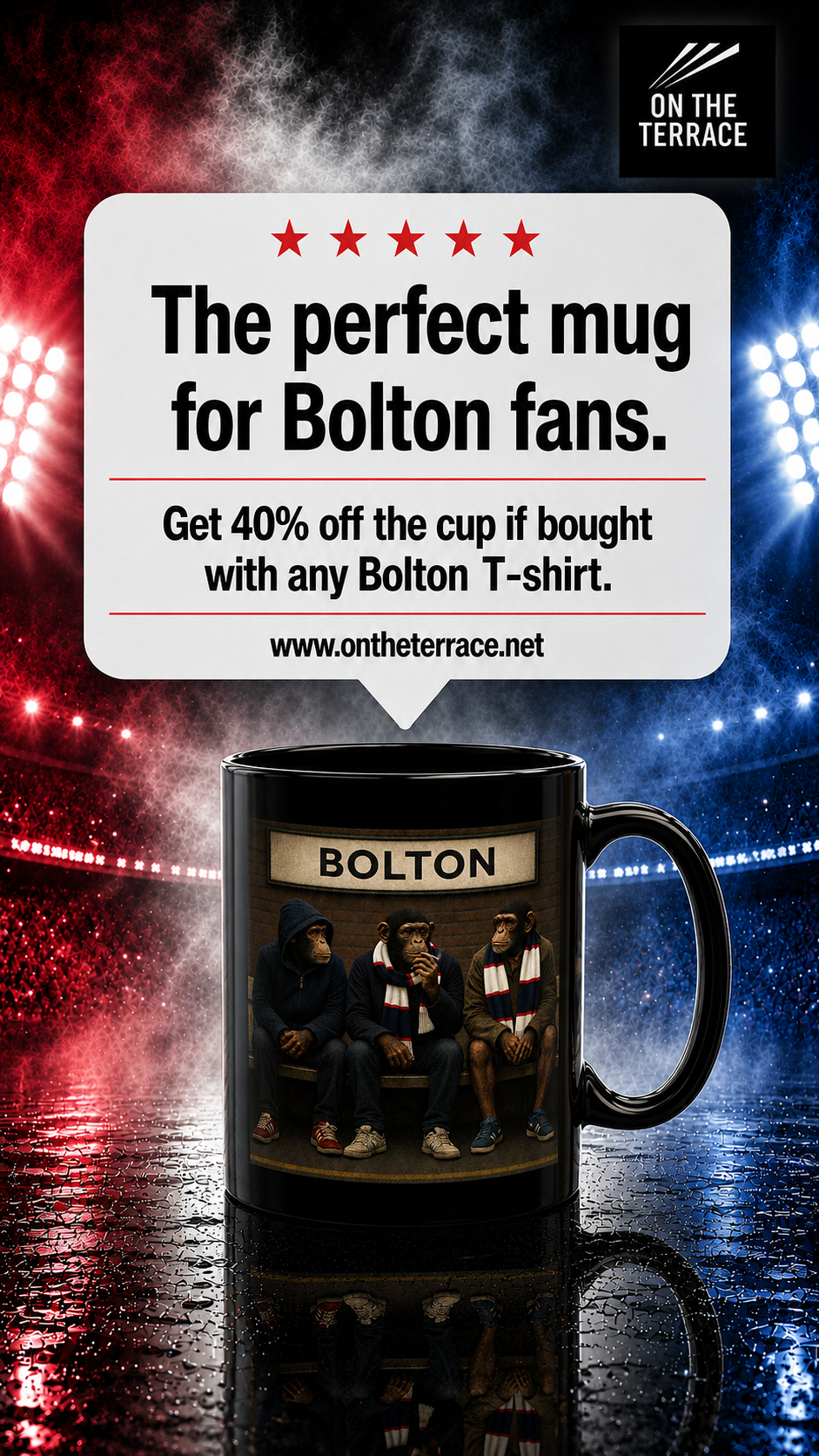 A high-gloss black ceramic mug features a rectangular graphic of three chimpanzees dressed as 1980s football casuals sitting on a railway platform bench. Above them hangs a vintage cream station sign with the word "BOLTON" in black capital letters. The monkeys wear casual coats, hoodies, retro low-profile trainers, and navy, white, and red striped bar scarves against a brick wall background.