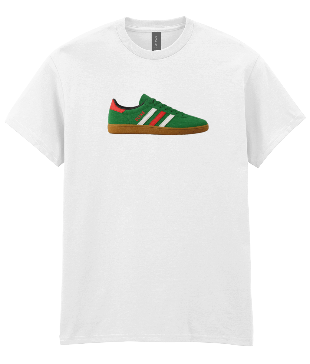 White Gildan t-shirt with a graphic of a green and red sneaker featuring white stripes and gum sole