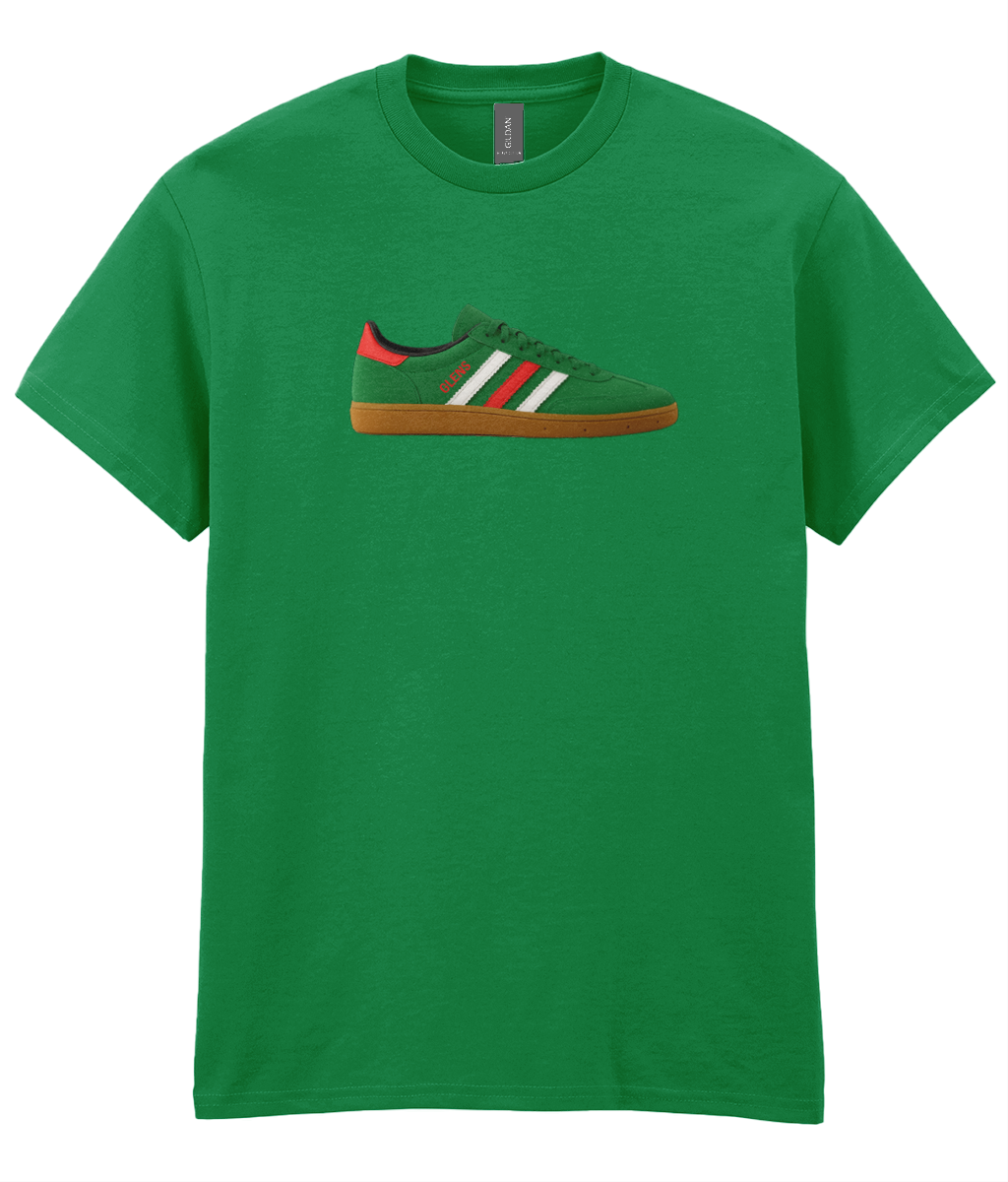 Green crew neck t-shirt with embroidered green sneaker featuring red and white stripes and gum sole