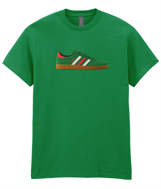 Green crew neck t-shirt with embroidered green sneaker featuring red and white stripes and gum sole