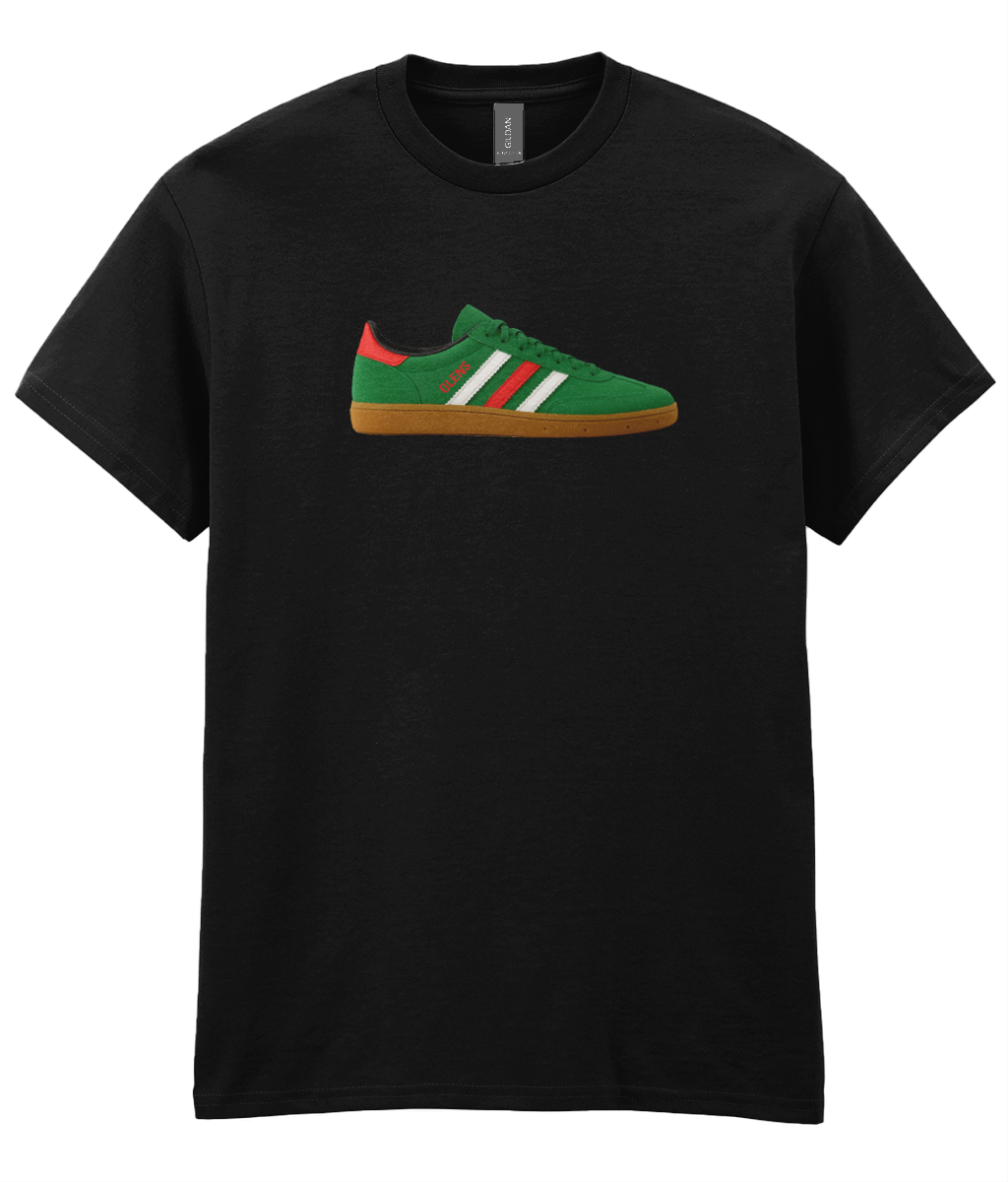 Black T-shirt featuring a graphic of a green sneaker with red accents and white stripes