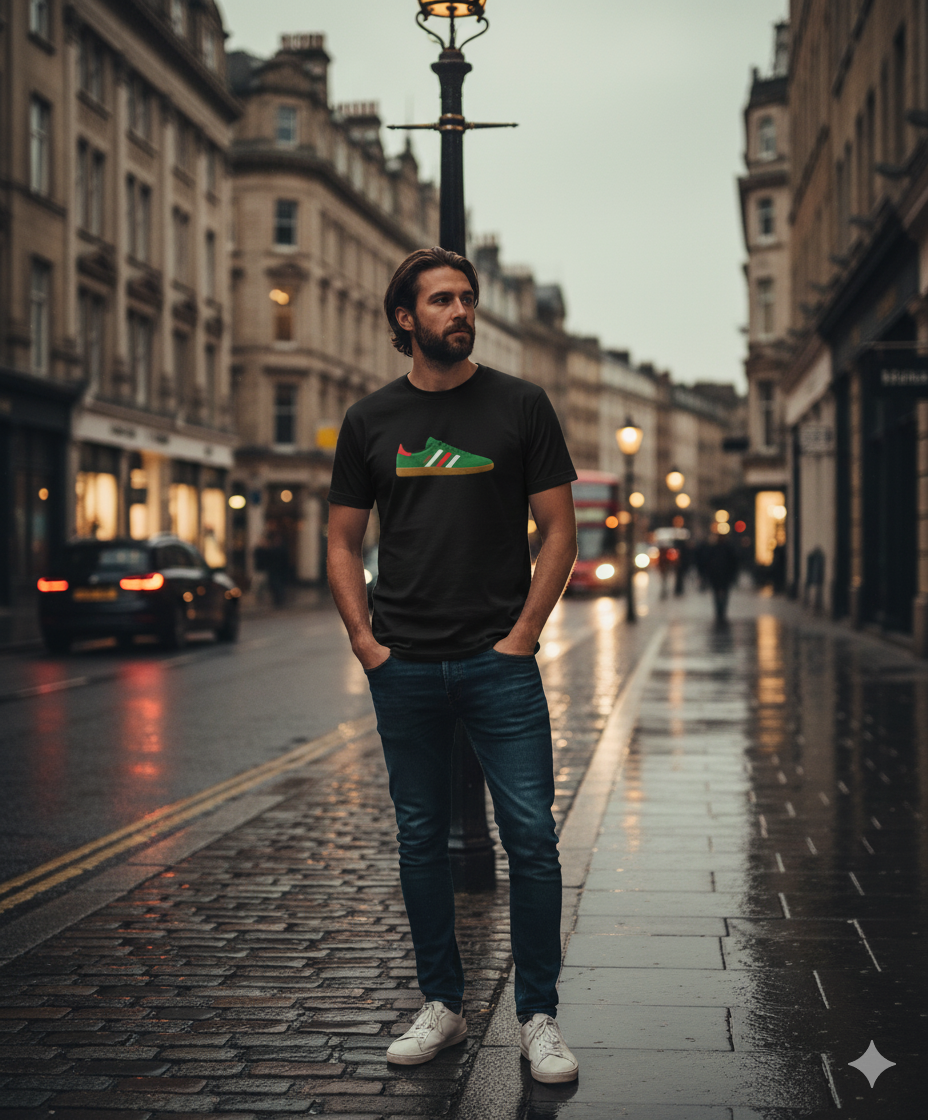 Man wearing black sneaker print t-shirt and jeans standing on rainy city street with wet pavement