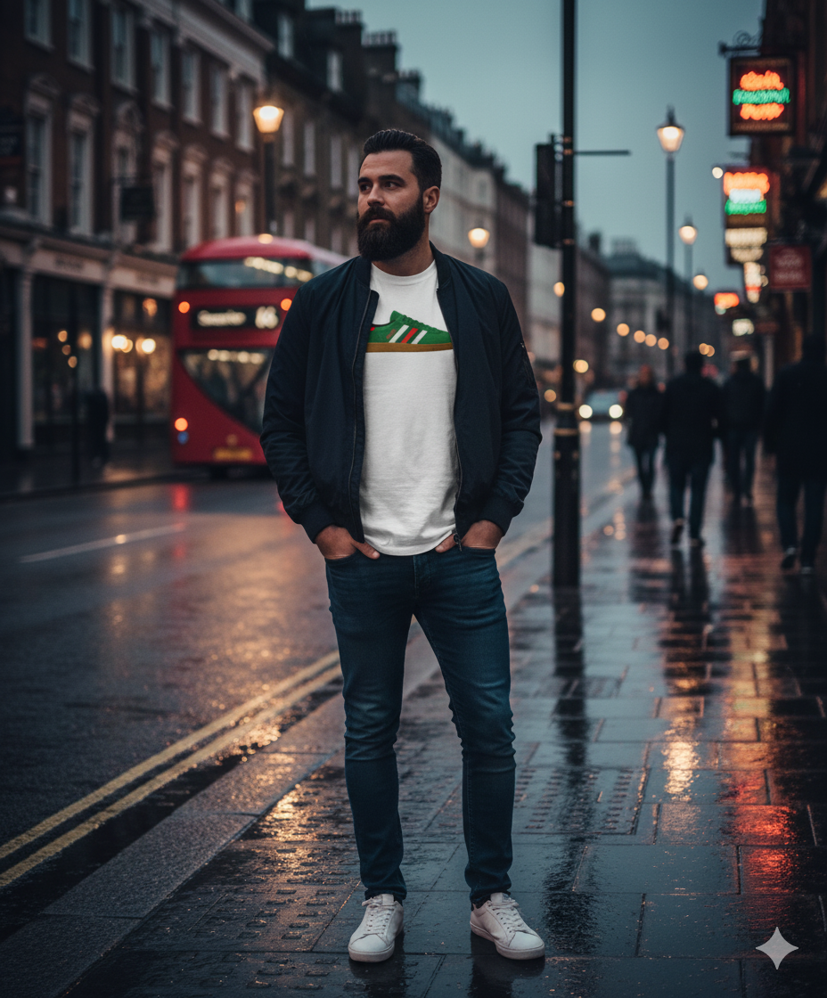 Bearded man in casual jeans and jacket on wet London street with red double-decker bus at dusk