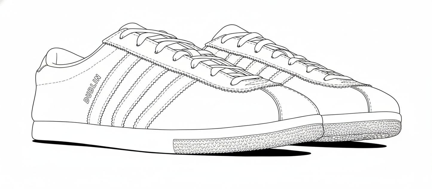 Black and white line drawing of casual Dublin sneakers with three stripes and detailed stitching