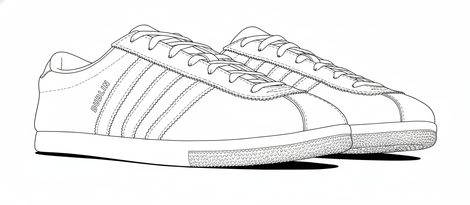 Black and white line drawing of casual Dublin sneakers with three stripes and detailed stitching