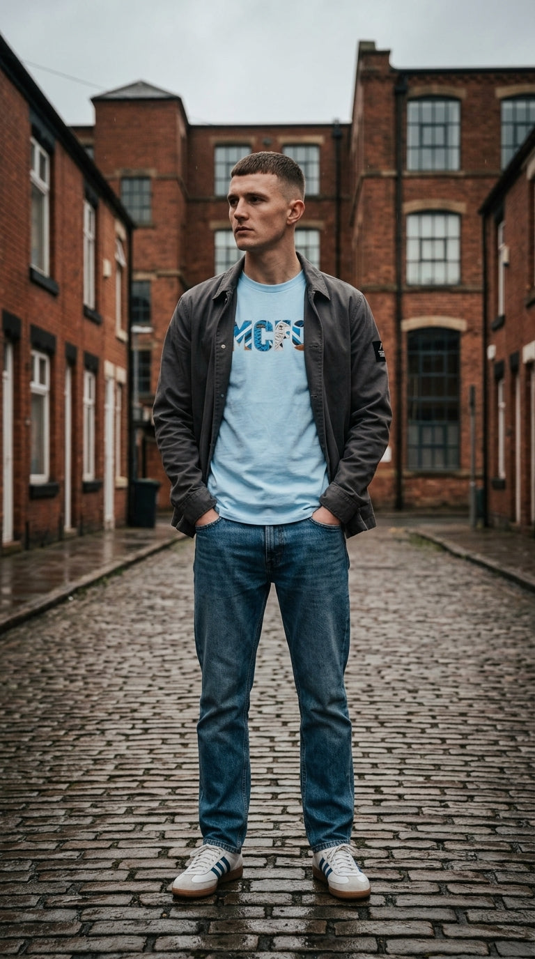 A man standing on a wet cobblestone street wearing a Manchester City-inspired light blue terrace tee with retro trainer artwork