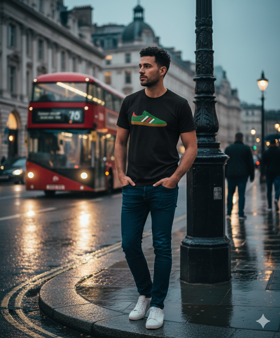 Man wearing black sneaker graphic t-shirt and jeans walking on wet city street with red double-decker bus