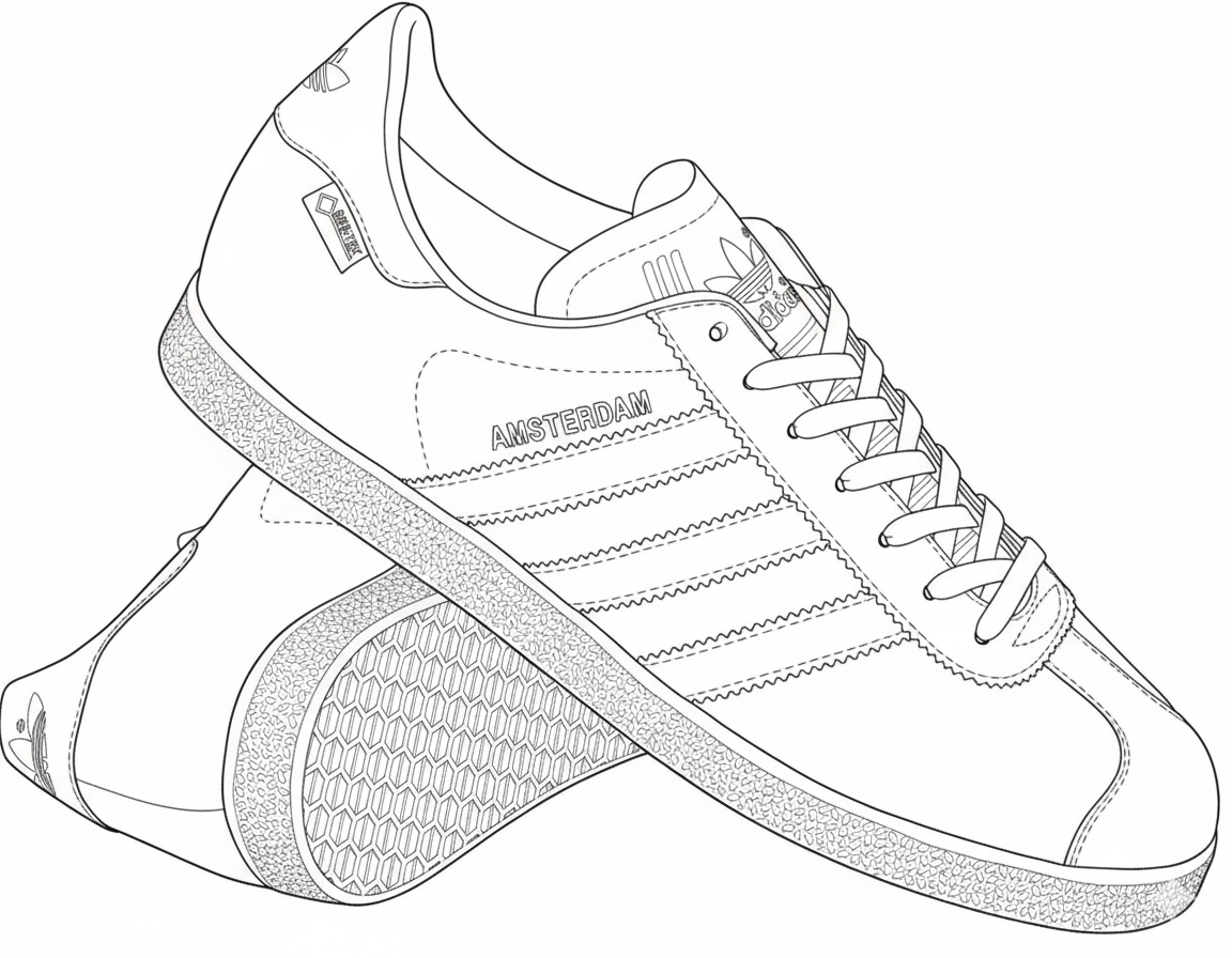 Line drawing of a sneaker with visible brand name on a white background