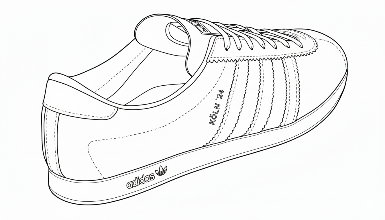 Black and white line drawing of Adidas Köln 24 football casual sneaker with three stripes and logo