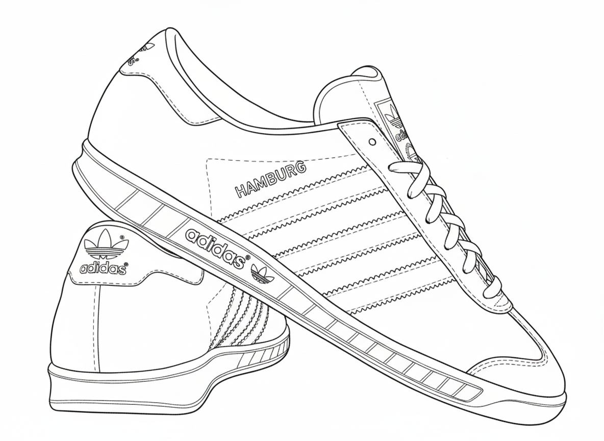 Black and white line drawing of Adidas sneakers on a white background