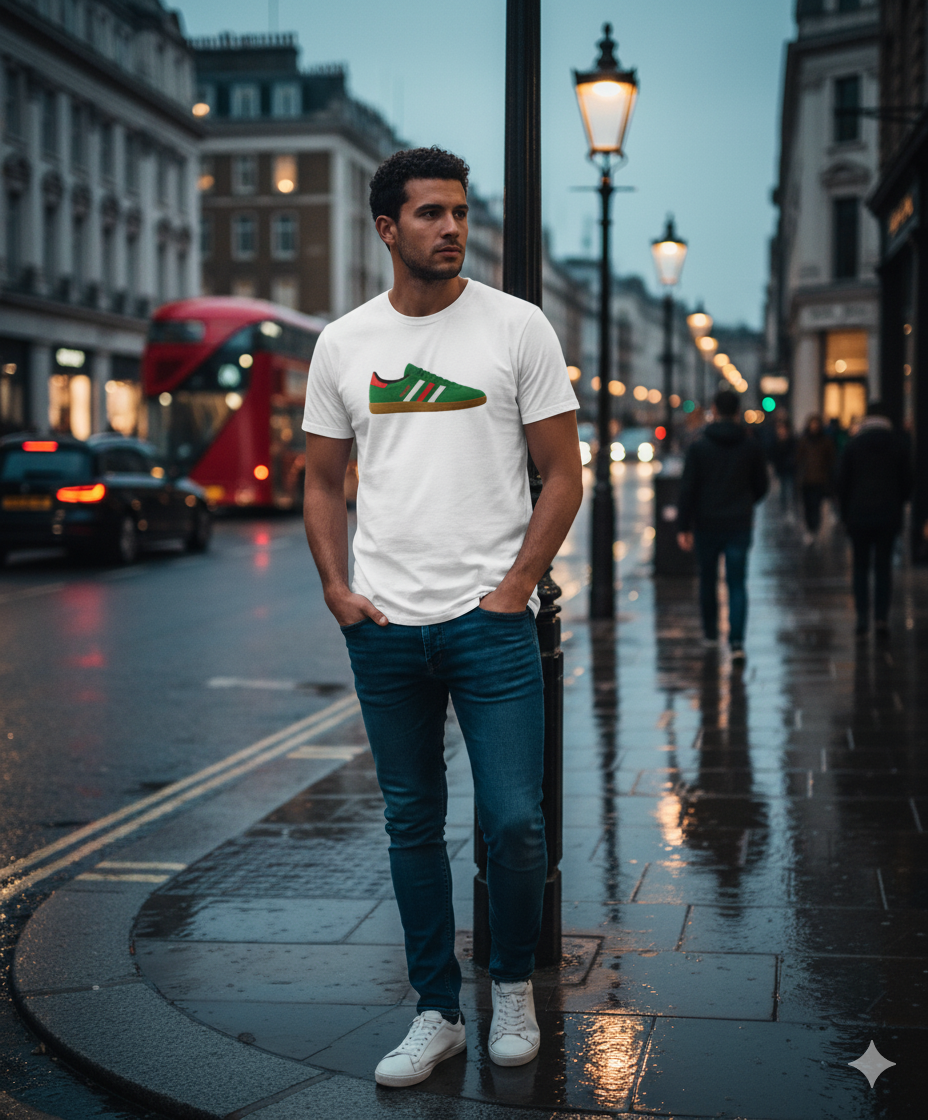 Man wearing white sneaker graphic t-shirt and jeans standing on wet London street with red double-decker bus