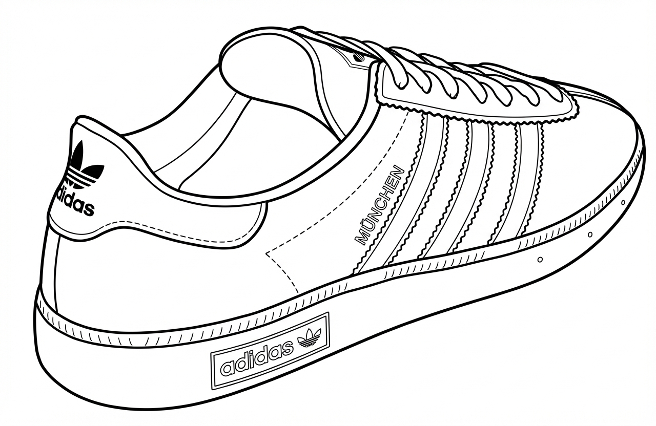 Black and white line drawing of an Adidas sneaker