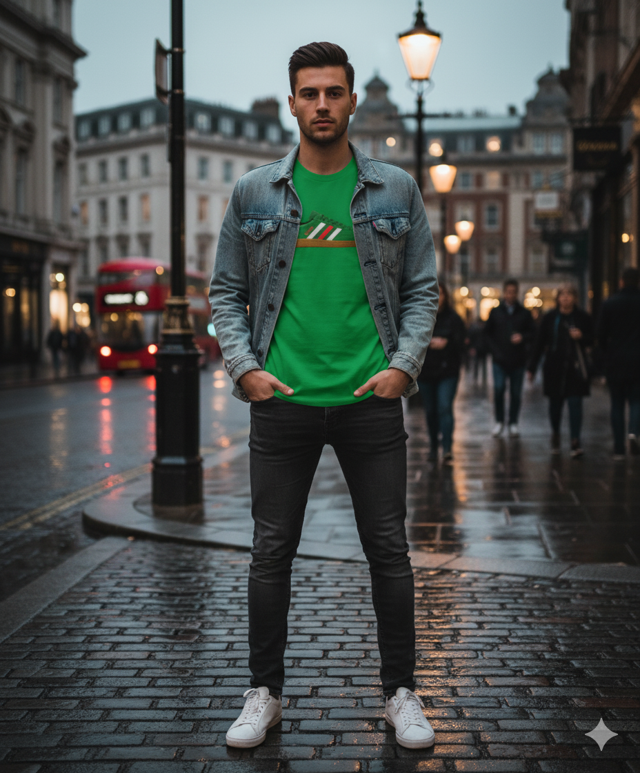 Young man in denim jacket and green sneaker graphic t-shirt standing on cobblestone street in city at dusk