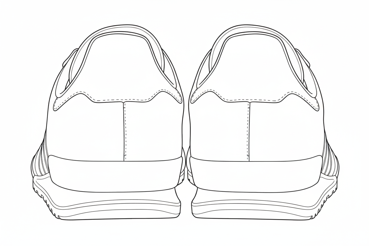 Line art rear view of casual sneakers with distinctive three stripe design on the sides