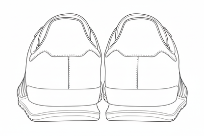 Line art rear view of casual sneakers with distinctive three stripe design on the sides