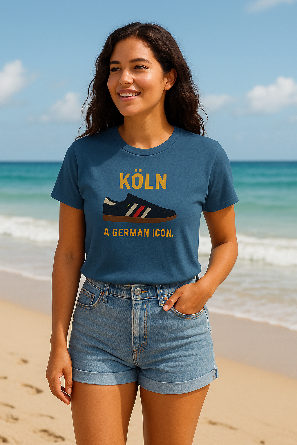 Smiling woman on beach wearing blue T-shirt with shoe graphic and text Köln a German icon