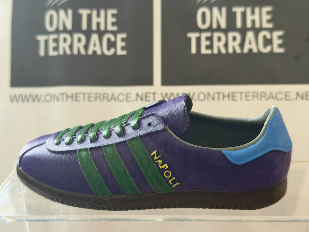 Painted 3D printed adidas Napoli inspired trainer model, 120mm, purple upper with green stripes and gold NAPOLI lettering