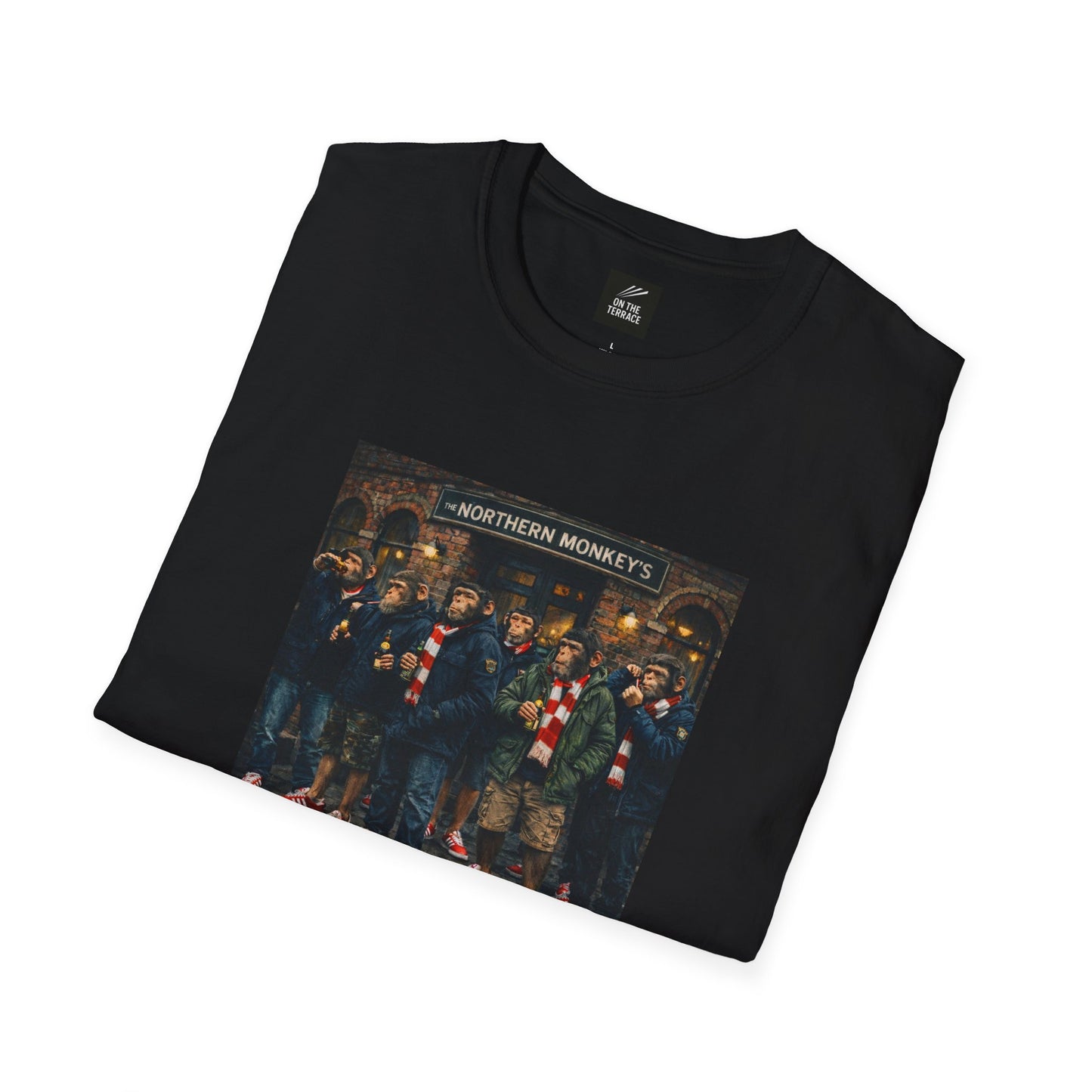 Folded black Northern Monkeys pub scene t-shirt, chimps in red and white scarves and red trainers, On The Terrace