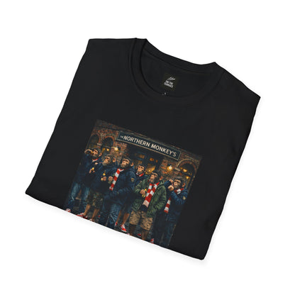 Folded black Northern Monkeys pub scene t-shirt, chimps in red and white scarves and red trainers, On The Terrace