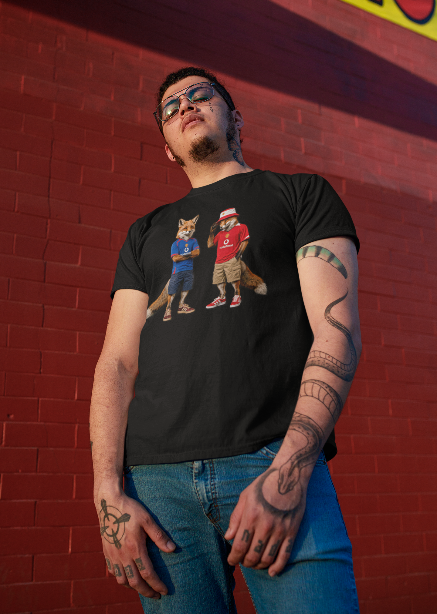 On The Terrace English Foxes black graphic t-shirt featuring retro Manchester United inspired terrace casuals artwork