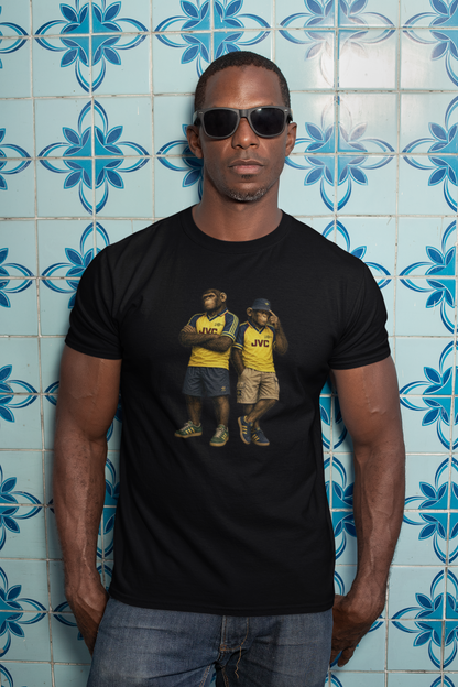 On The Terrace Northern Monkeys black graphic t-shirt featuring retro Arsenal yellow and navy inspired terrace casuals artwork.