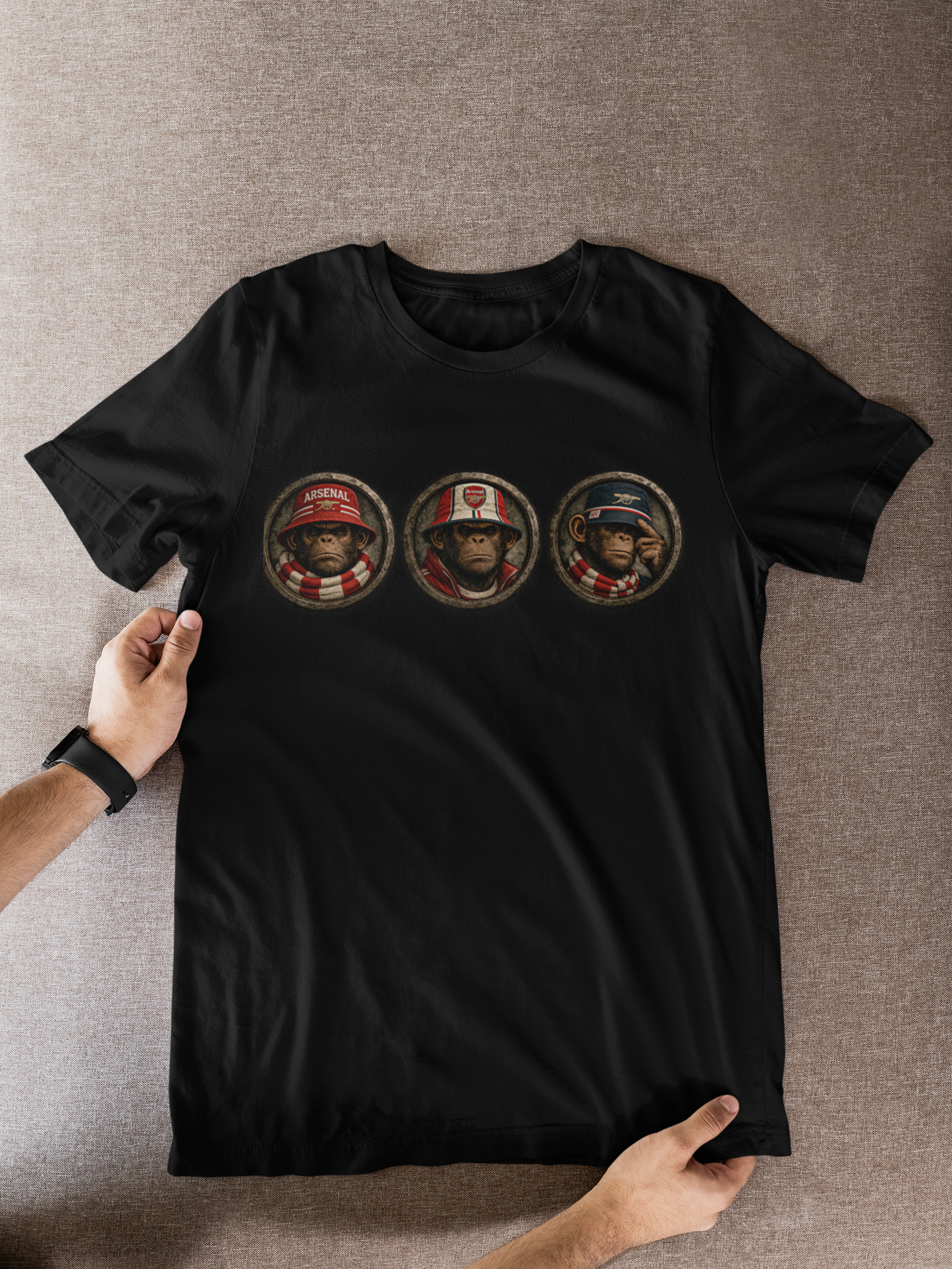 On The Terrace Northern Monkeys black graphic t-shirt featuring retro Arsenal images