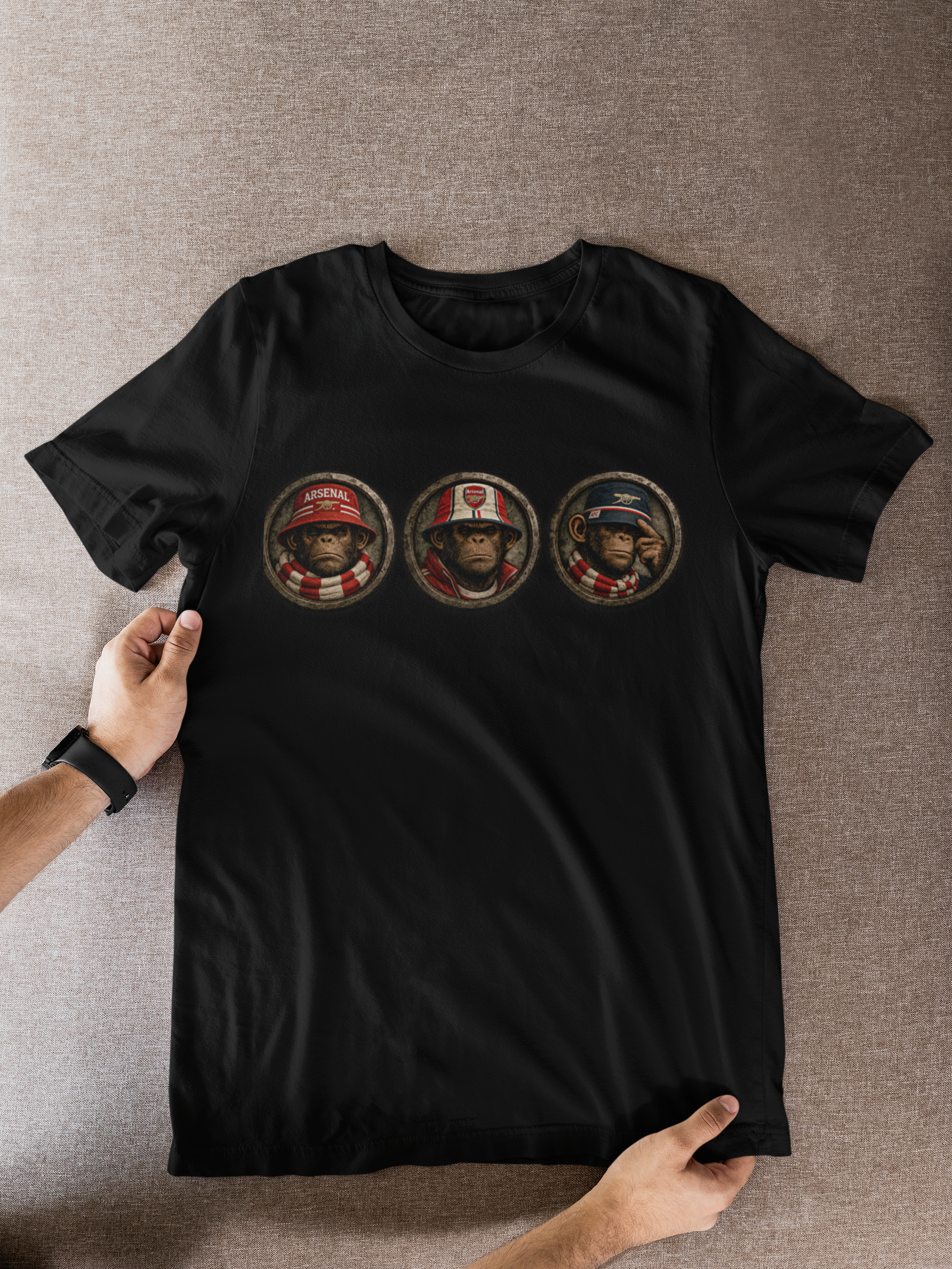 On The Terrace Northern Monkeys black graphic t-shirt featuring retro Arsenal images