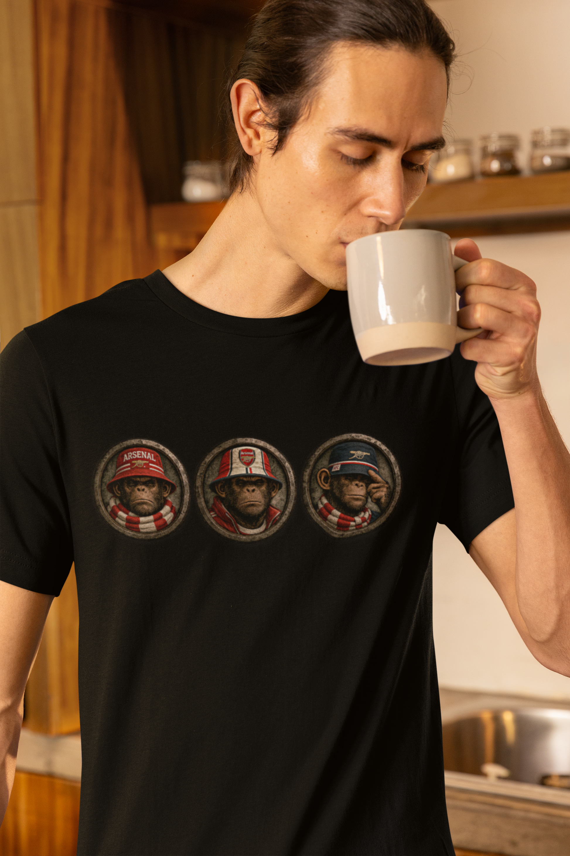 On The Terrace Northern Monkeys black graphic t-shirt featuring retro Arsenal images