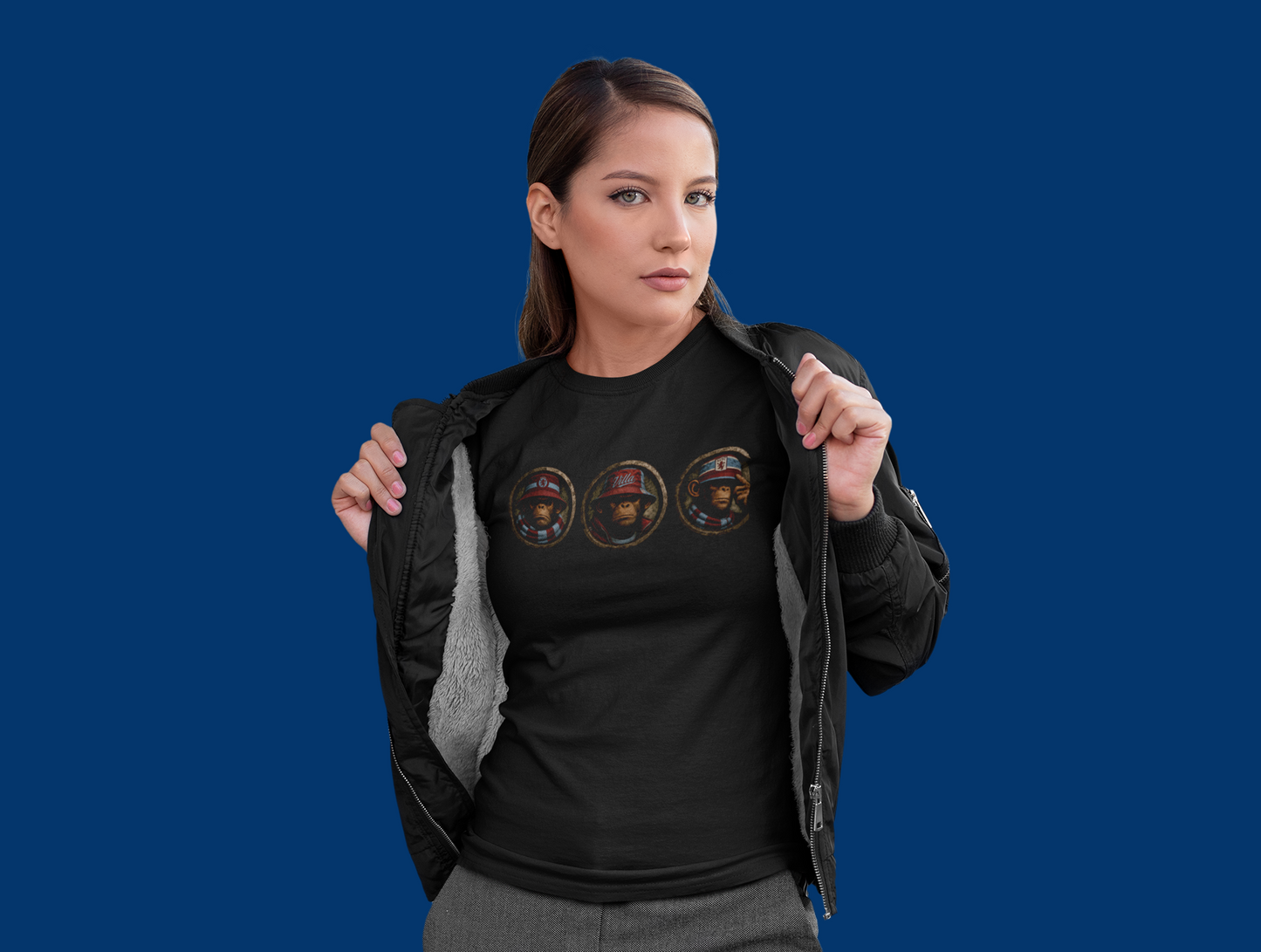 On The Terrace Northern Monkeys black graphic t-shirt featuring retro Aston Villa claret and blue inspired terrace casuals artwork.