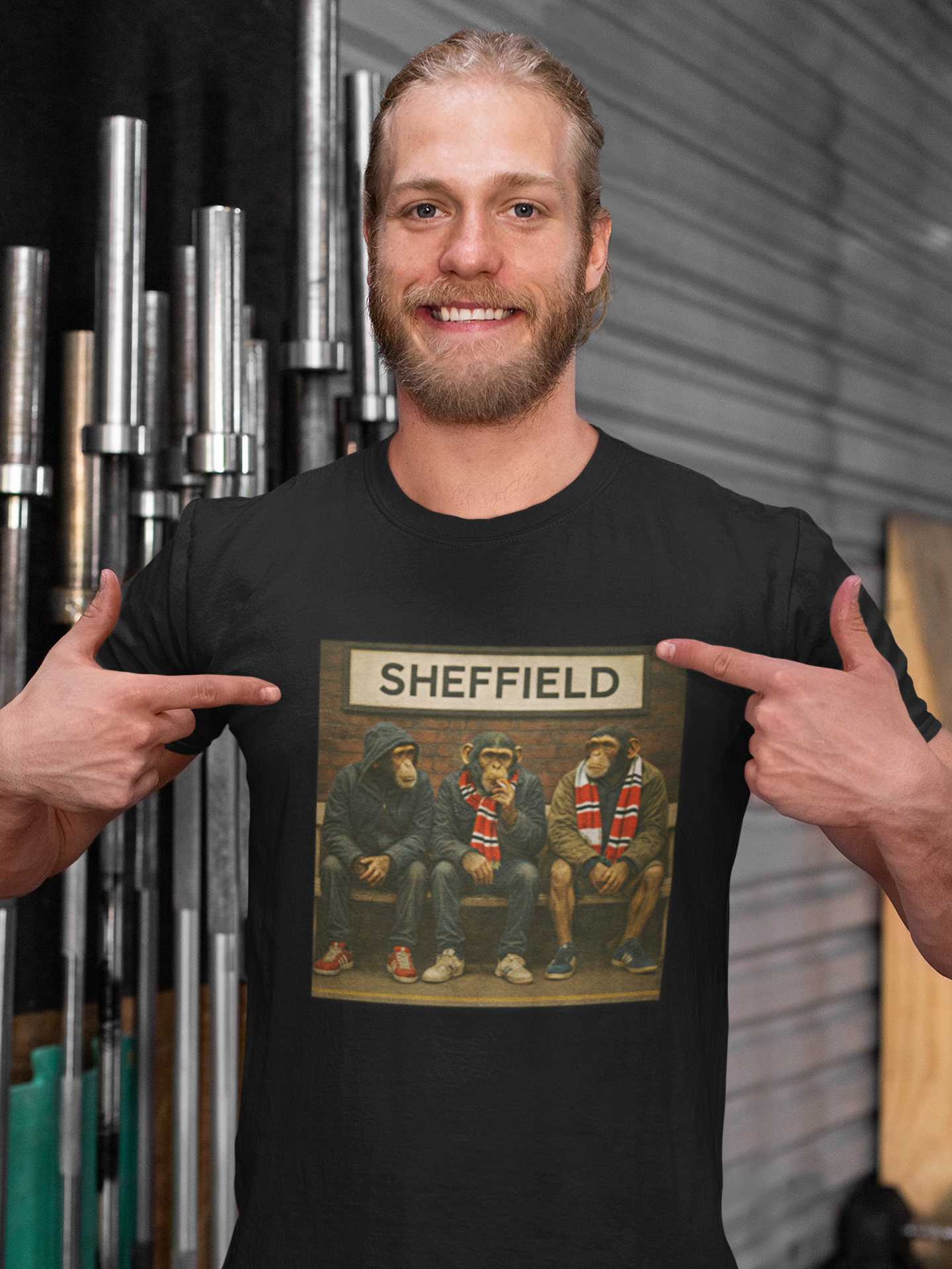 Black t-shirt with 'On The Terrace' label and 'Sheffield' text on a white background