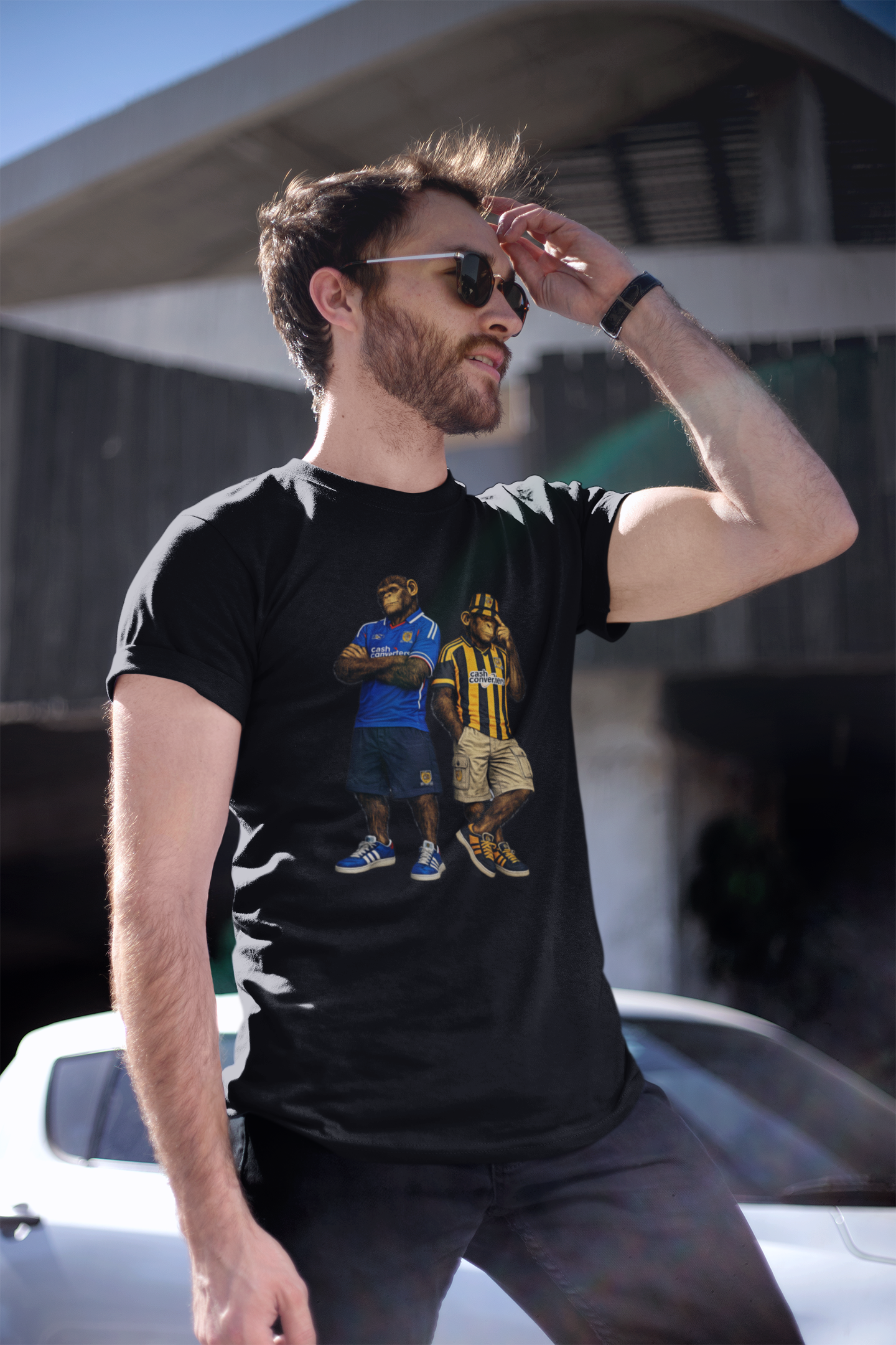 On The Terrace Northern Monkeys black graphic t-shirt featuring retro Hull City black and amber inspired terrace casuals artwork.