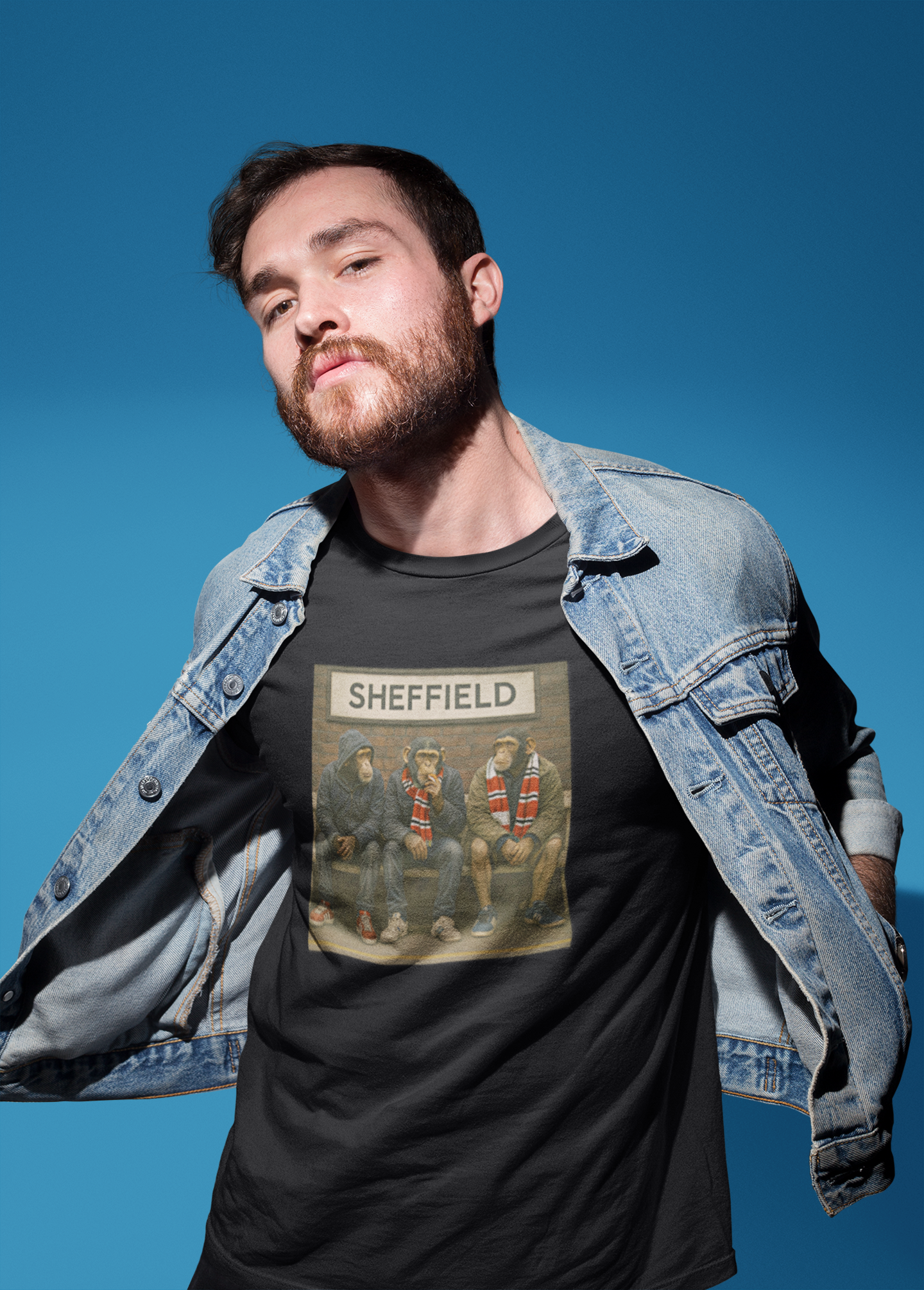 Black t-shirt with 'On The Terrace' label and 'Sheffield' text on a white background