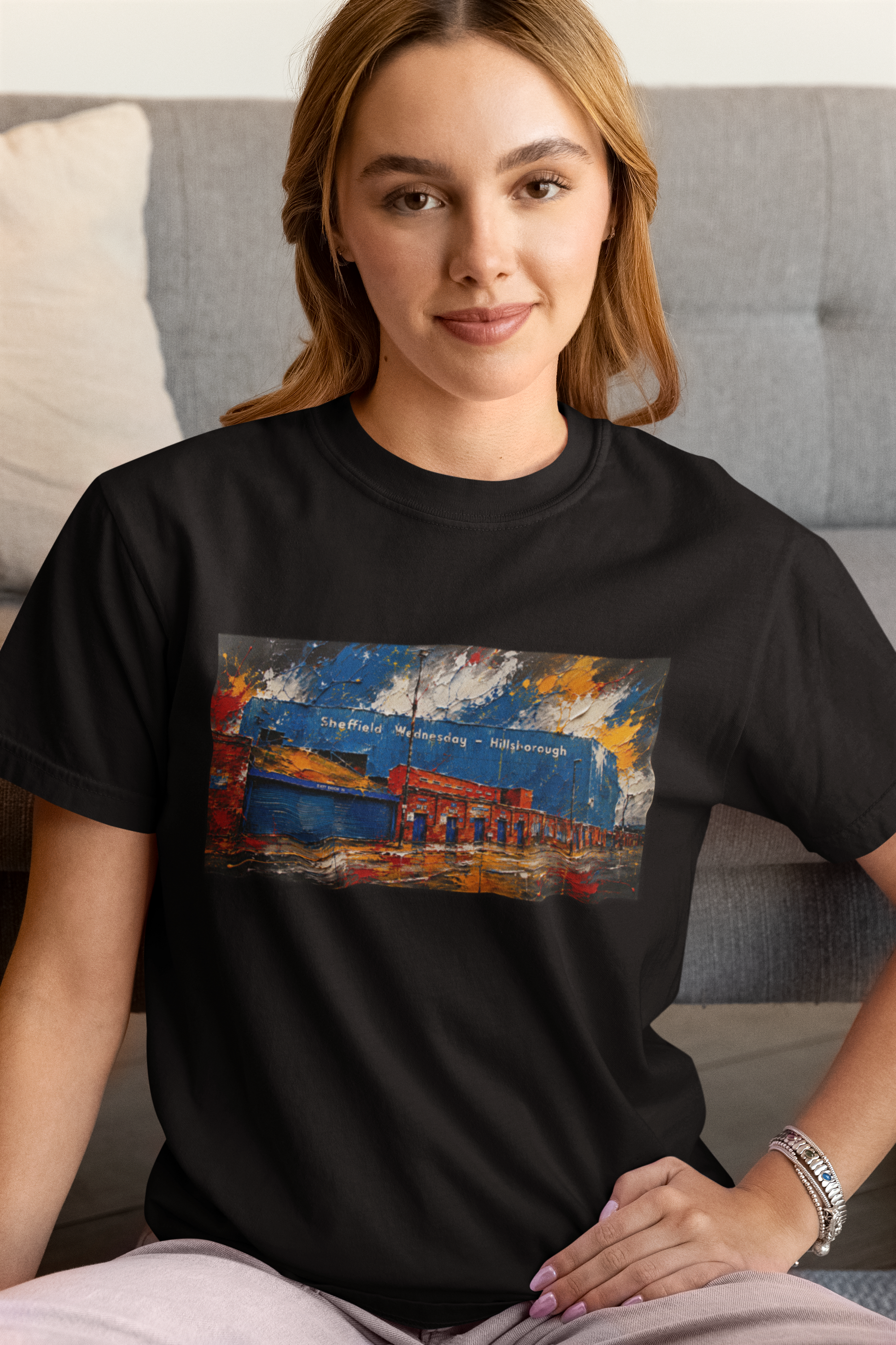 Black t-shirt with hand-painted artwork of Hillsborough stadium turnstiles, Sheffield Wednesday football ground illustration