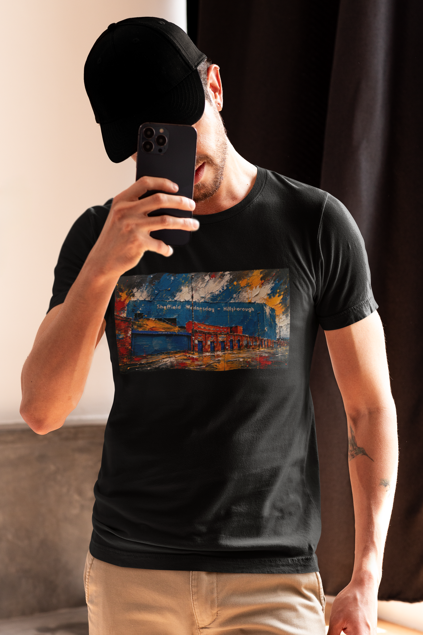 Black t-shirt with hand-painted artwork of Hillsborough stadium turnstiles, Sheffield Wednesday football ground illustration