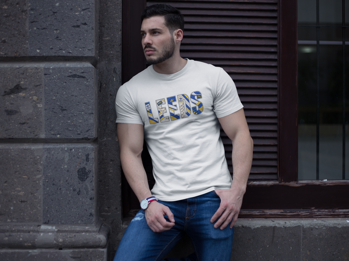 Leeds United LEEDS Trainer Graphic terrace t-shirt in white, product mockup - On The Terrace casual wear