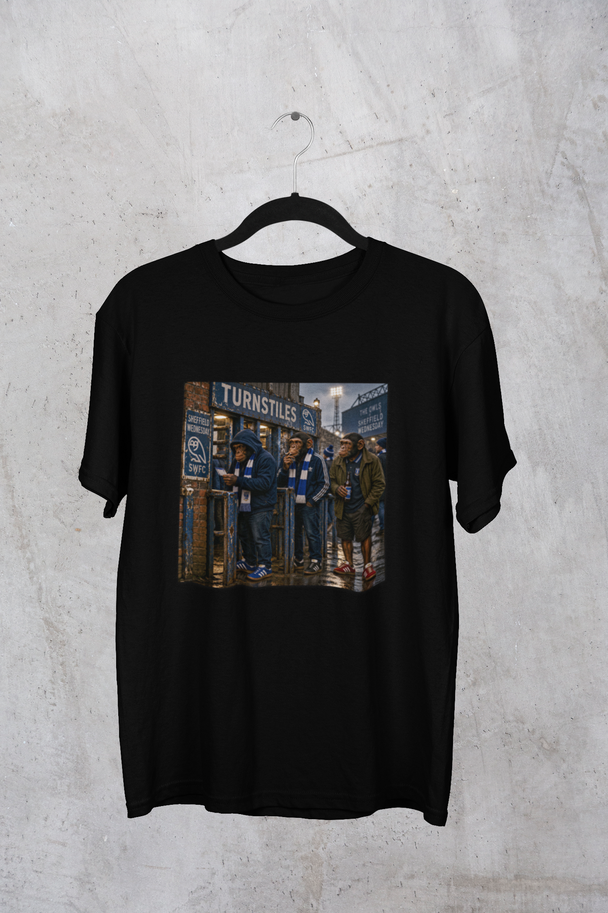 Sheffield Wednesday Turnstiles terrace t-shirt in black, product mockup - On The Terrace casual wear